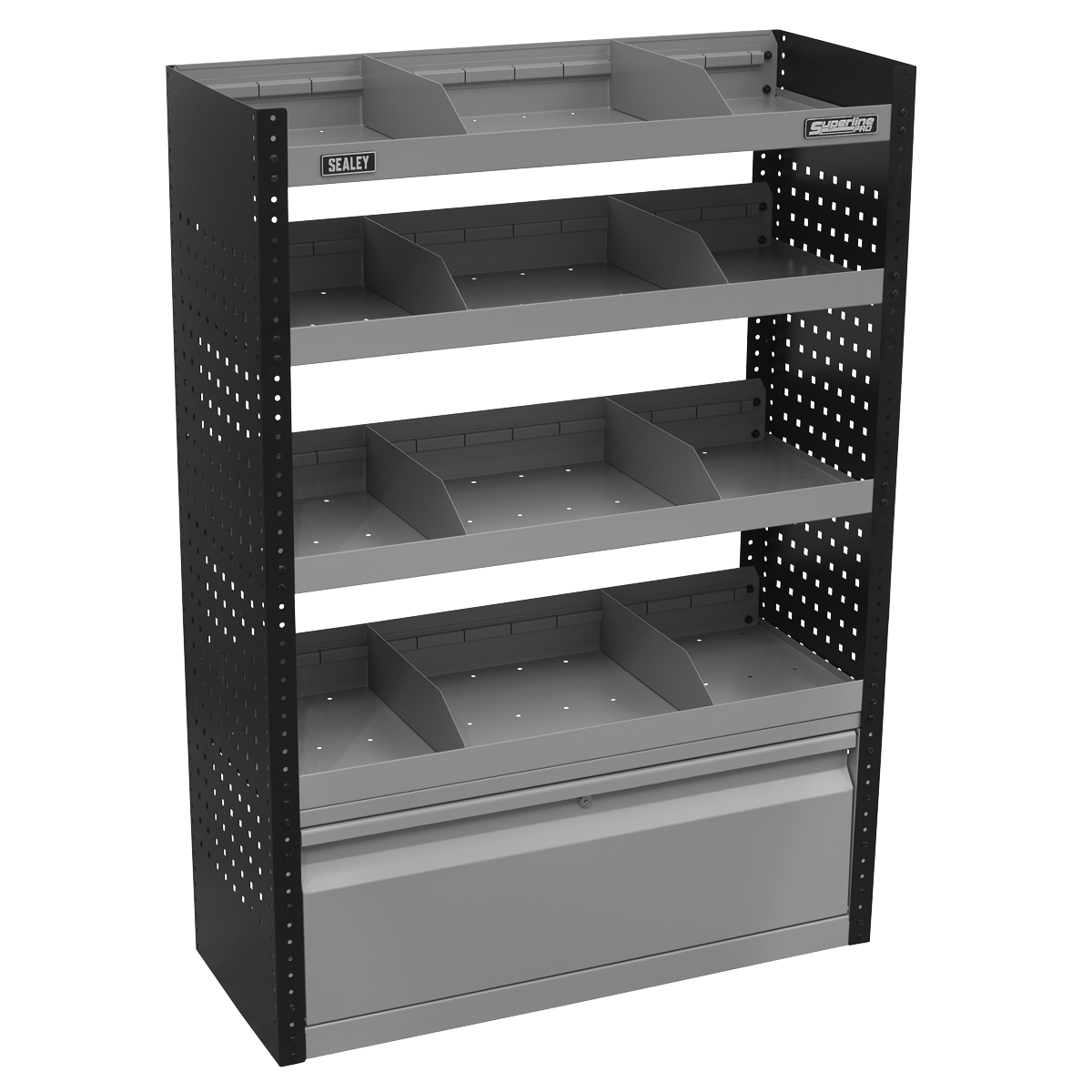 The Sealey Modular Flat Shelf Van Storage Unit 925mm - APMSV01, featuring a gray design with five levels including a bottom drawer, is an ideal modular storage system for organizing tools or equipment. It’s perfect for optimizing space in medium and large vans.