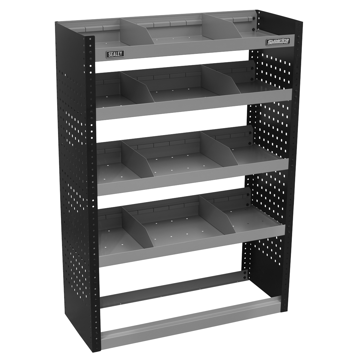 The Sealey Modular Flat Shelf Van Storage Unit 925mm - APMSV01 is a gray metal storage system with black side panels, featuring multiple shelves that are each divided into compartments.