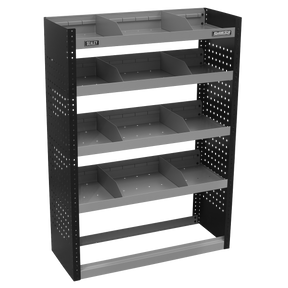 The Sealey Modular Flat Shelf Van Storage Unit 925mm - APMSV01 is a gray metal storage system with black side panels, featuring multiple shelves that are each divided into compartments.