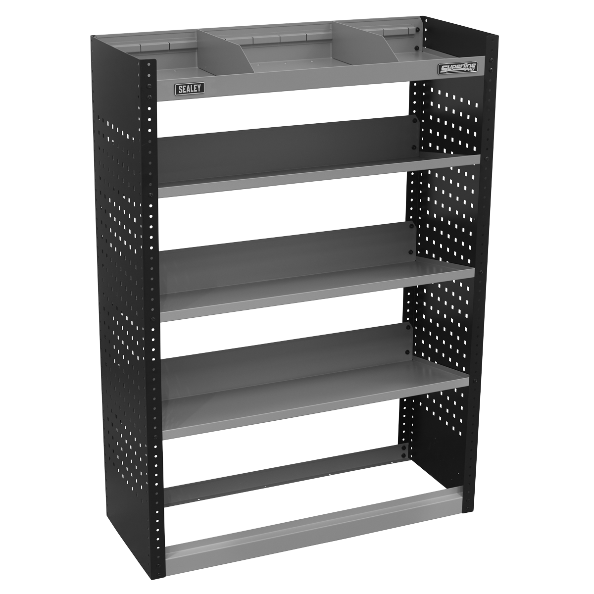 The Sealey Modular Slanted Shelf Van Storage Unit 925mm - APMSV02 is a robust steel shelving unit featuring five tiers, grey metal shelves, and black sides with perforated holes. The top section includes small trays for additional storage.