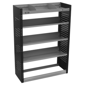 The Sealey Modular Slanted Shelf Van Storage Unit 925mm - APMSV02 is a robust steel shelving unit featuring five tiers, grey metal shelves, and black sides with perforated holes. The top section includes small trays for additional storage.