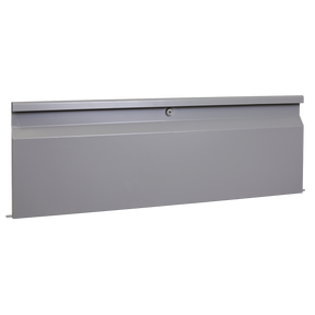 The Sealey Modular Lockable Storage Door 845mm - APMSV03 is a flat, rectangular, gray metal panel with robust steel construction and a lockable door featuring a keyhole at the top center.