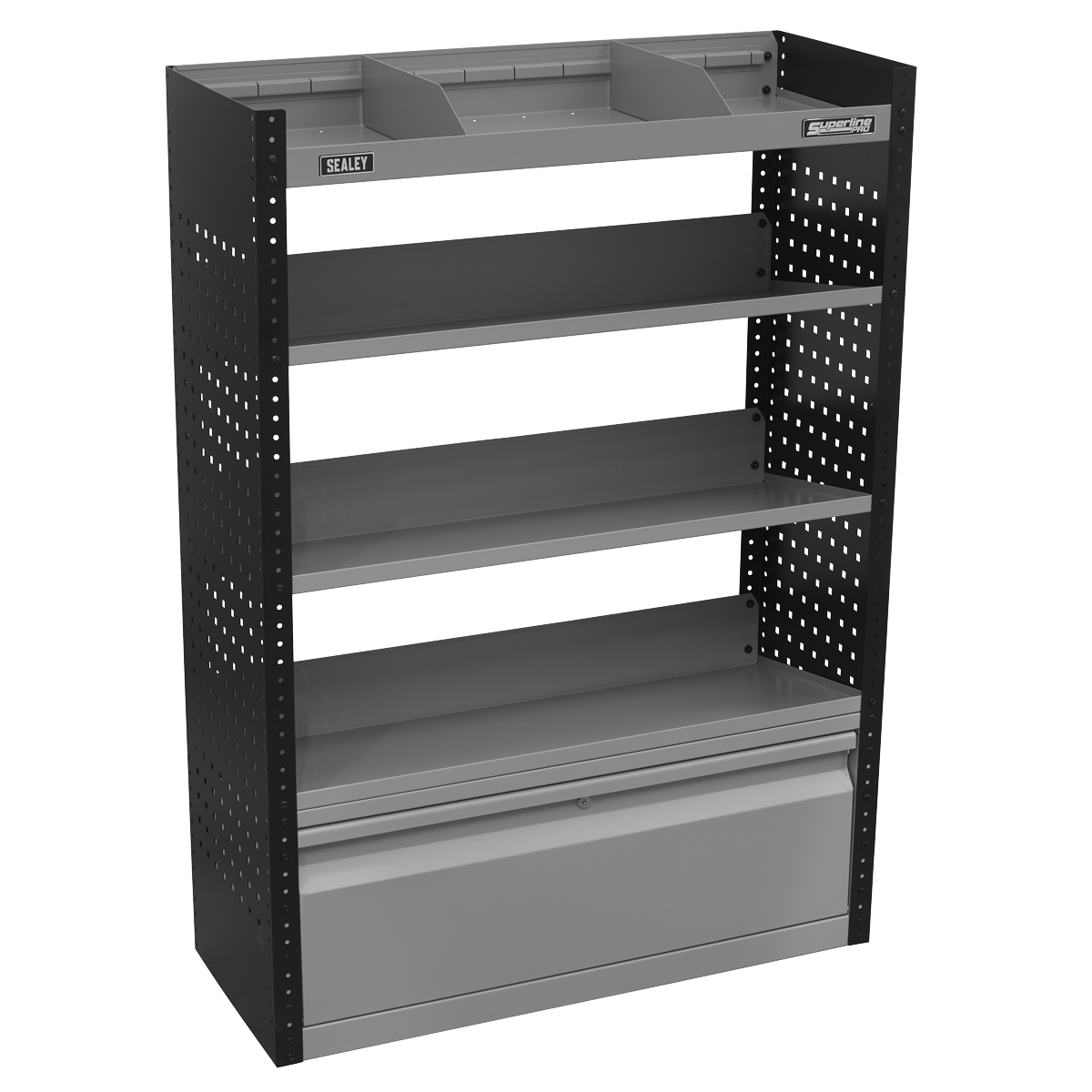 The Sealey Modular Slanted Shelf Van Storage System - APMSVCOMBO2 is a gray metal shelving unit with adjustable shelves and five levels, including a lockable bottom drawer and a top section divided into compartments. Its sides feature a perforated design, making it an ideal addition to any van storage system.