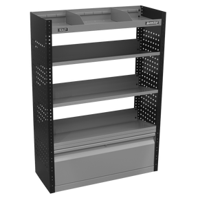 The Sealey Modular Slanted Shelf Van Storage System - APMSVCOMBO2 is a gray metal shelving unit with adjustable shelves and five levels, including a lockable bottom drawer and a top section divided into compartments. Its sides feature a perforated design, making it an ideal addition to any van storage system.