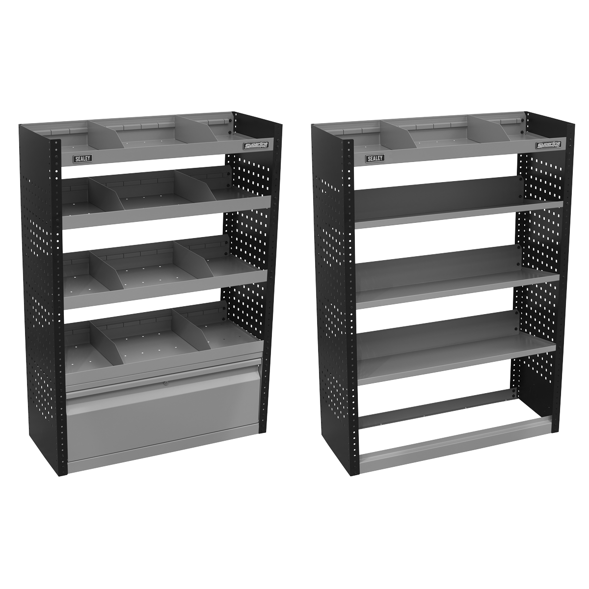 Two black metal shelving units from the Sealey Modular Van Storage System 1.85m 3-Piece Set - APMSVCOMBO3 feature multiple shelves and bins. One unit includes four shelves and a bin section, while the other boasts five shelves. Both units highlight perforated side panels, showcasing their steel construction and making them perfect for a modular van storage system.