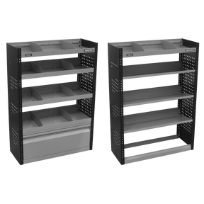 Two black metal shelving units from the Sealey Modular Van Storage System 1.85m 3-Piece Set - APMSVCOMBO3 feature multiple shelves and bins. One unit includes four shelves and a bin section, while the other boasts five shelves. Both units highlight perforated side panels, showcasing their steel construction and making them perfect for a modular van storage system.