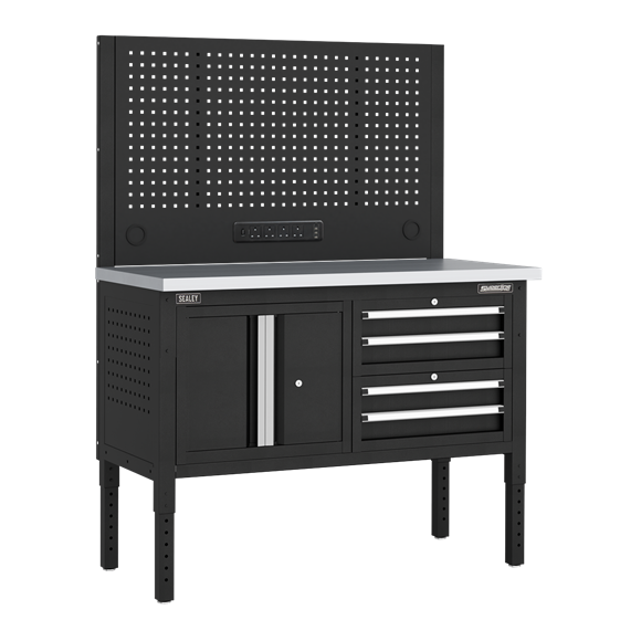 Superline PRO® Modular Workbench with 4 Drawers & Cupboard Stainless Steel Worktop 1265mm - SE-APMWB50COMBO1SS