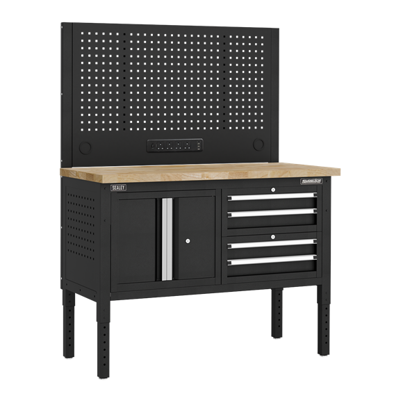 Superline PRO® Modular Workbench with 4 Drawers & Cupboard Wooden Worktop 1265mm - SE-APMWB50COMBO1W