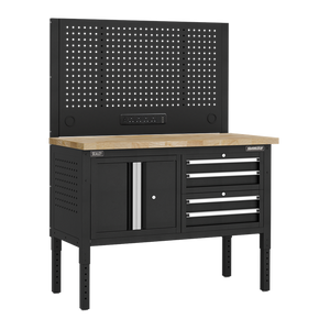 Superline PRO® Modular Workbench with 4 Drawers & Cupboard Wooden Worktop 1265mm - SE-APMWB50COMBO1W
