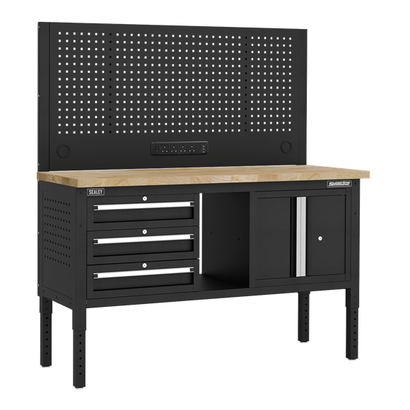Superline PRO® Modular Workbench with 3 Drawers & Cupboard Wooden Worktop 1525mm - SE-APMWB60COMBO2W