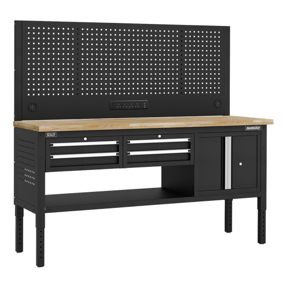 Superline PRO® Modular Workbench with 4 Drawers & Cupboard Wooden Worktop 1830mm - SE-APMWB72COMBO1W