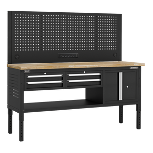 Superline PRO® Modular Workbench with 4 Drawers & Cupboard Wooden Worktop 1830mm - SE-APMWB72COMBO1W