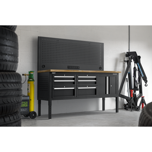Superline PRO® Modular Workbench with 6 Drawers & Cupboard Wooden Worktop 1830mm - SE-APMWB72COMBO2W