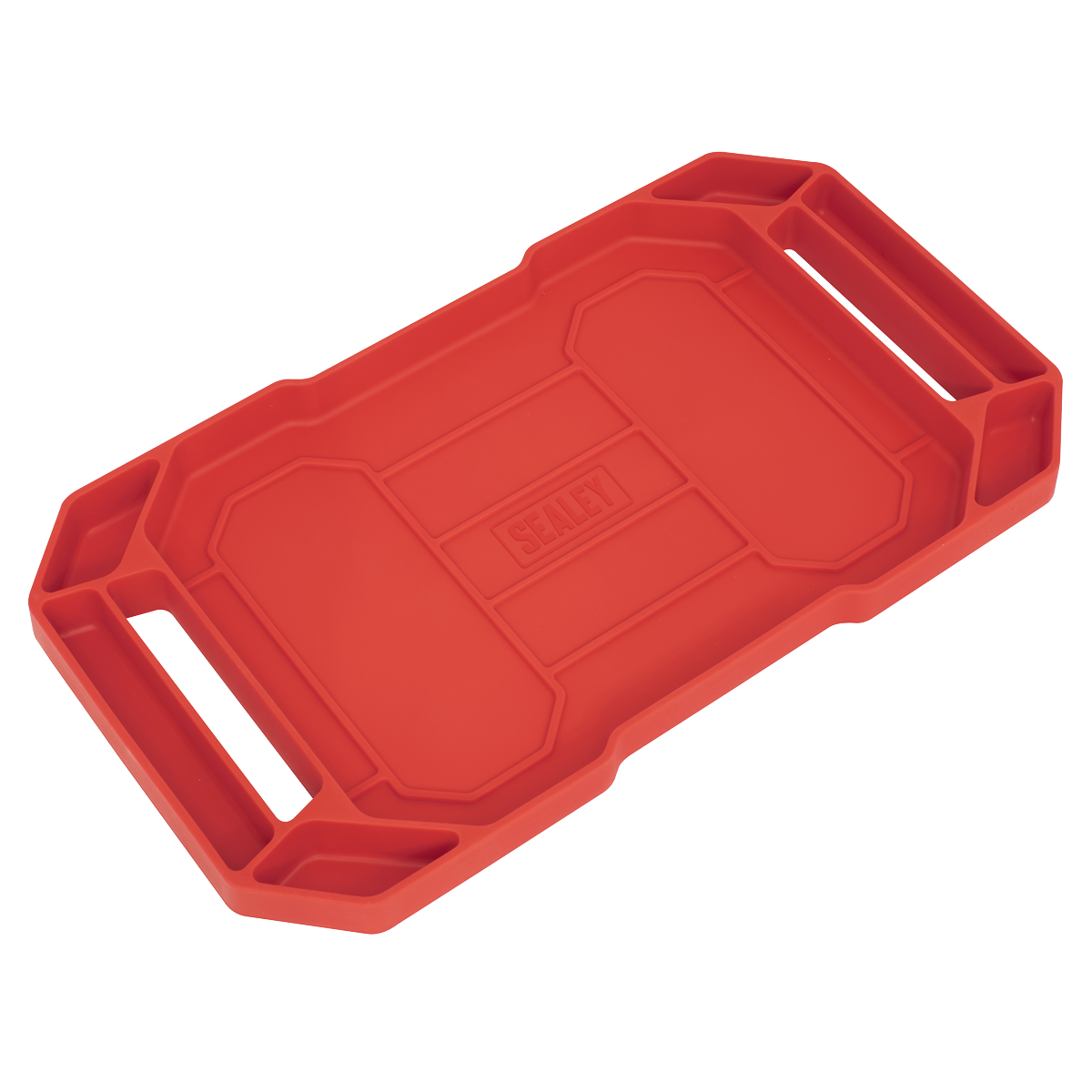 The Sealey Flexible Tool Tray Non-Slip - 590 x 305 x 40mm (APNST3) is a red, rectangular mobile storage tray featuring two large handles on each end. Crafted from oil and water-resistant plastic, it is perfect for carrying or organizing items.