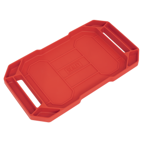 The Sealey Flexible Tool Tray Non-Slip - 590 x 305 x 40mm (APNST3) is a red, rectangular mobile storage tray featuring two large handles on each end. Crafted from oil and water-resistant plastic, it is perfect for carrying or organizing items.