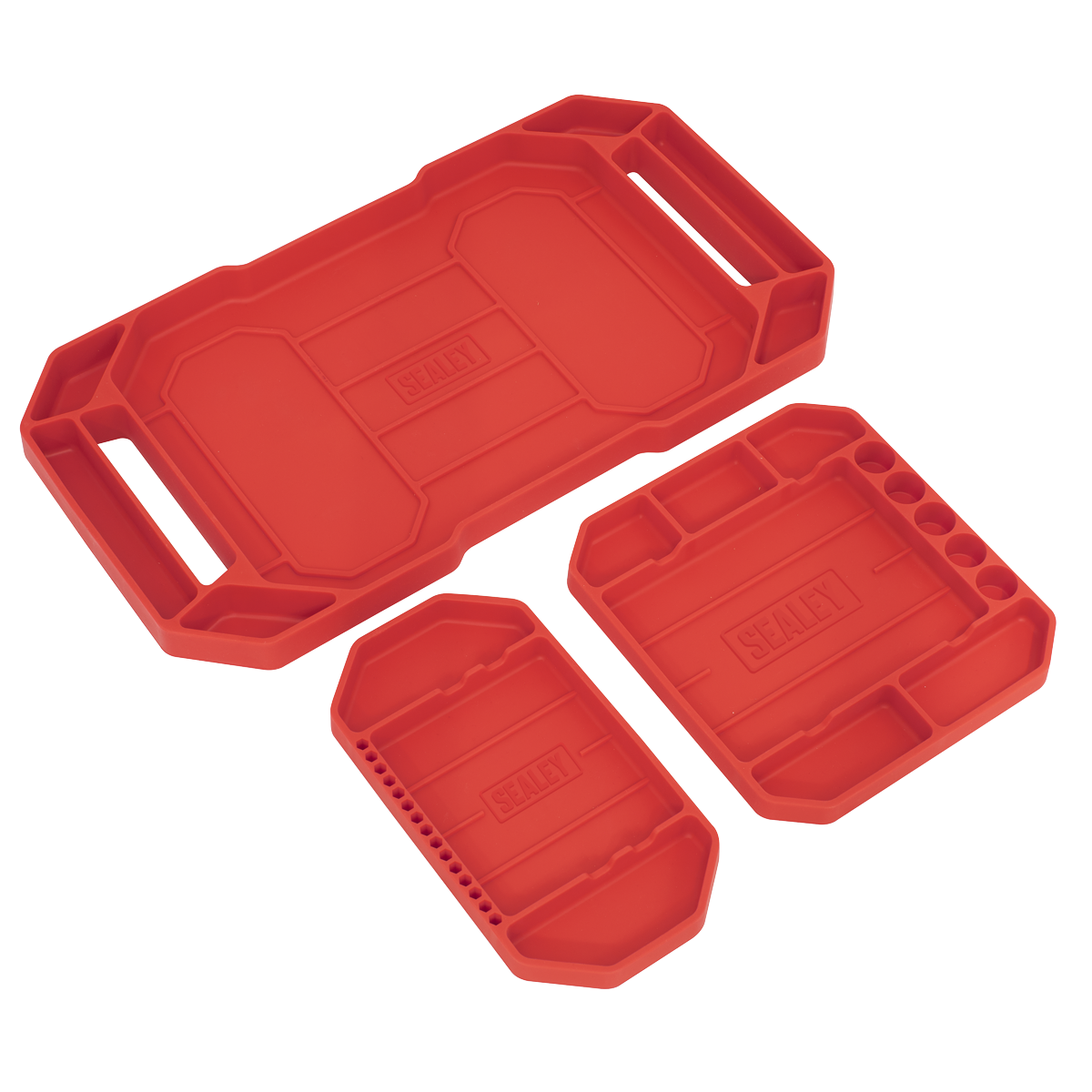 Introducing the Sealey Flexible Tool Trays Non-Slip - Pack of 3 - APNST4: a set of red plastic trays that come in three different sizes, featuring multiple compartments and carrying handles. These versatile trays are designed for organizing tools or small parts and are built to be oil and water-resistant, ensuring durability for tool storage in various environments.