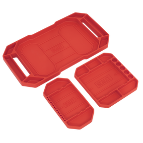 Introducing the Sealey Flexible Tool Trays Non-Slip - Pack of 3 - APNST4: a set of red plastic trays that come in three different sizes, featuring multiple compartments and carrying handles. These versatile trays are designed for organizing tools or small parts and are built to be oil and water-resistant, ensuring durability for tool storage in various environments.