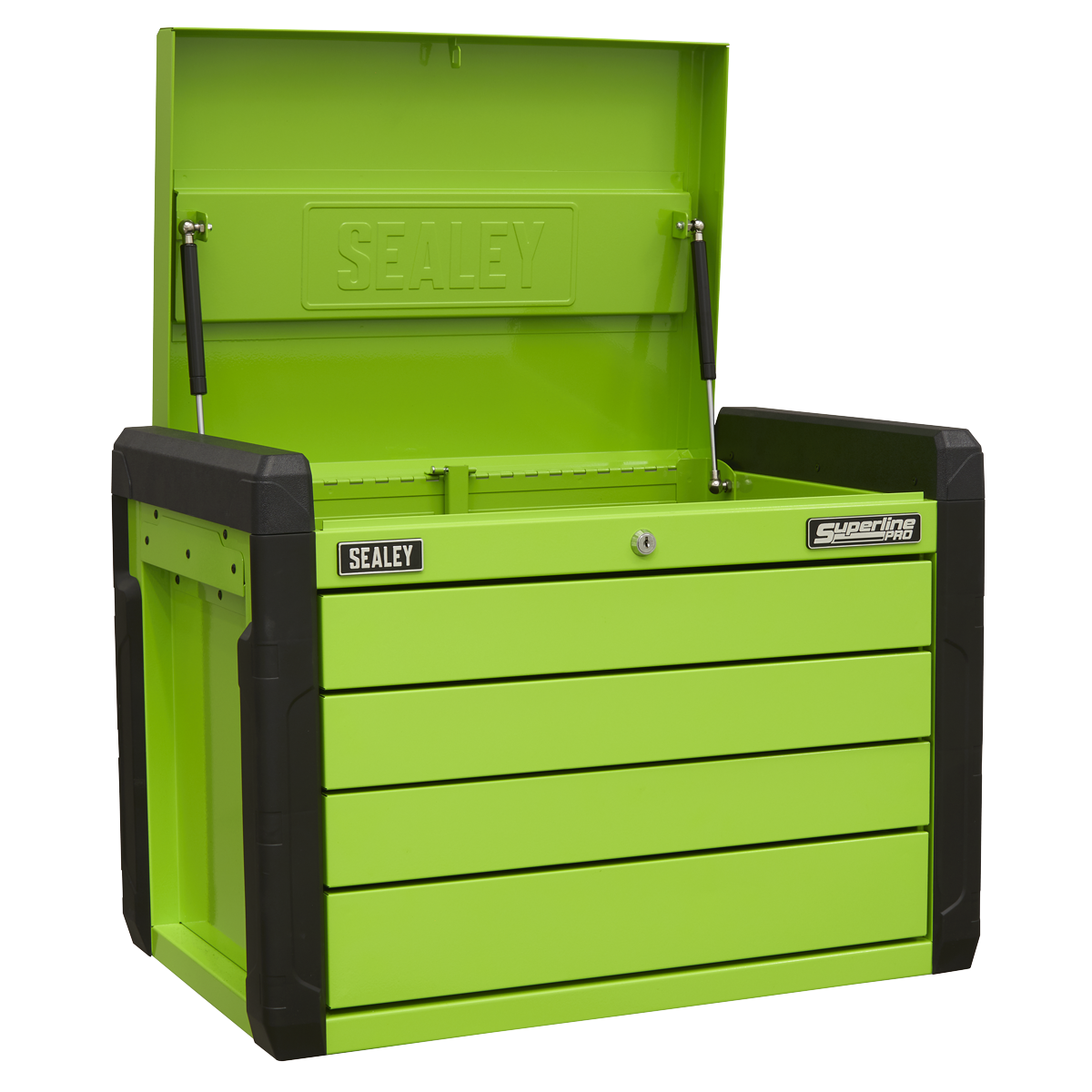 A Sealey 4 Drawer Push-to-Open Topchest (model APPD4G) in Hi-Vis Green with an open lid and four closed drawers. The chest features black corner accents, ball-bearing slides for smooth operation, and the Sealey and Superline Pro logos on the front.