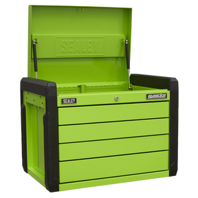 A Sealey 4 Drawer Push-to-Open Topchest (model APPD4G) in Hi-Vis Green with an open lid and four closed drawers. The chest features black corner accents, ball-bearing slides for smooth operation, and the Sealey and Superline Pro logos on the front.