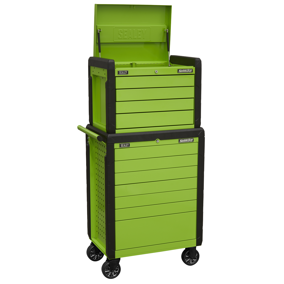 The Sealey Topchest & Rollcab Combination 11 Drawer Push-To-Open Hi-Vis Green (APPDSTACKG) showcases a vibrant green, two-tiered design on wheels. It boasts an open top compartment lid, heavy-duty drawer slides, and a convenient Push-To-Open drawer system. Additionally, the entire unit is safeguarded by a rust and solvent resistant finish.