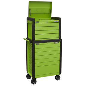 The Sealey Topchest & Rollcab Combination 11 Drawer Push-To-Open Hi-Vis Green (APPDSTACKG) showcases a vibrant green, two-tiered design on wheels. It boasts an open top compartment lid, heavy-duty drawer slides, and a convenient Push-To-Open drawer system. Additionally, the entire unit is safeguarded by a rust and solvent resistant finish.
