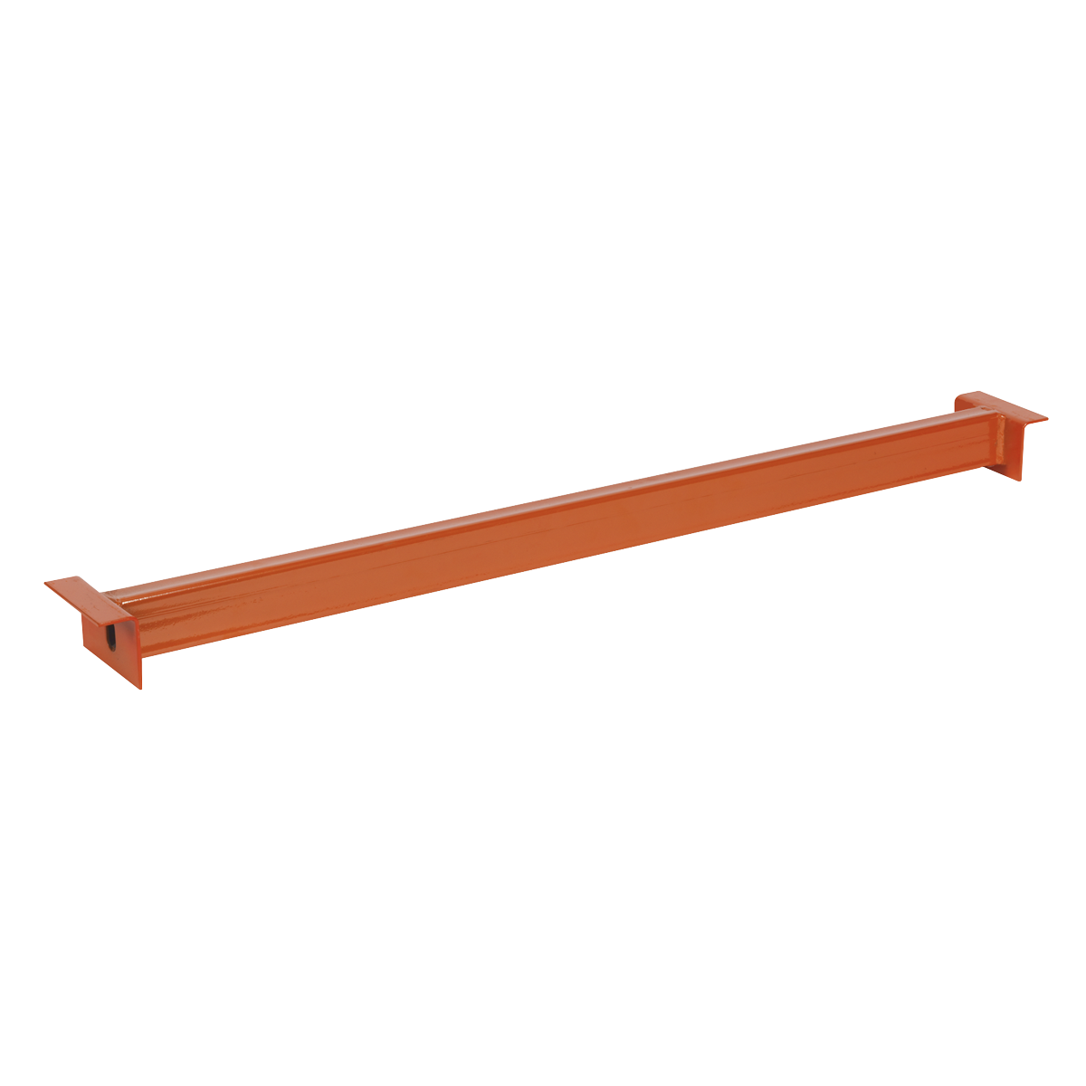 The Sealey Shelving Panel Support 1000mm - APR/CPS1002, an orange metal beam with square ends, is designed for industrial or construction purposes and perfect for supporting shelves. It is featured in isolation on a white background.