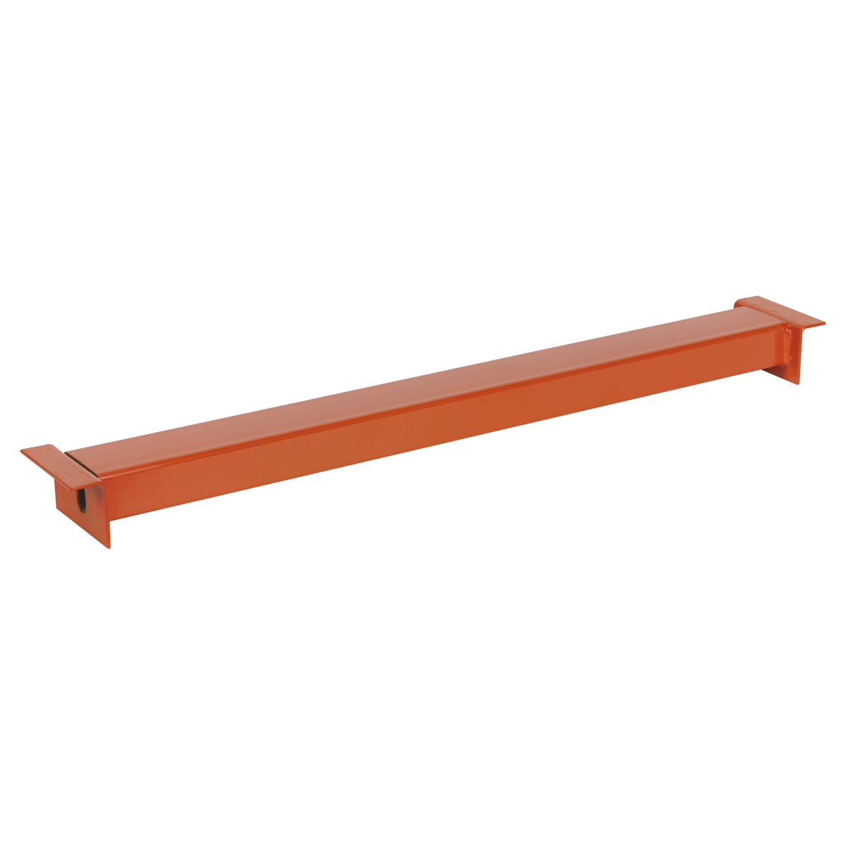 A Shelving Panel Support 600mm - APR/CPS602, a long, rectangular orange metal beam with flanges at both ends designed to prevent MDF panel sagging, from the Sealey brand, is placed on a plain white background.