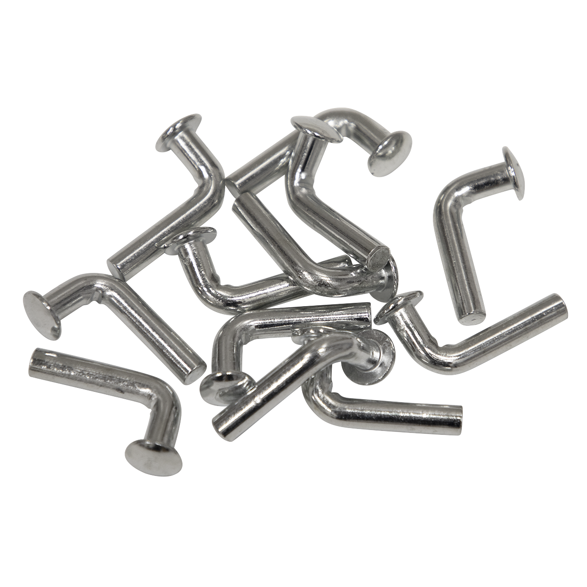 A pack of 12 Safety Locking Pins - APR/SH12 by Sealey, in the form of silver L-shaped metal hooks, is arranged randomly against a white background.