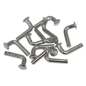 A pack of 12 Safety Locking Pins - APR/SH12 by Sealey, in the form of silver L-shaped metal hooks, is arranged randomly against a white background.