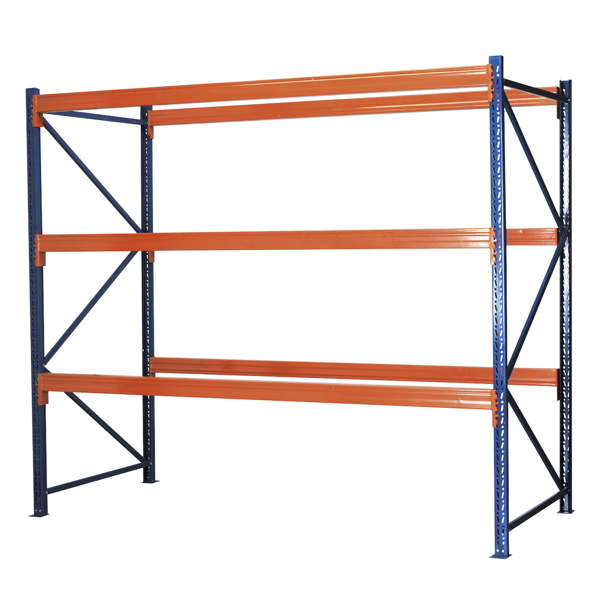 The Sealey Heavy-Duty Racking Unit with 3 Beam Set APR3001 features three orange shelves supported by blue beams, designed for warehouse use and boasts a 1000kg capacity per level.