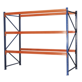 The Sealey Heavy-Duty Racking Unit with 3 Beam Set APR3001 features three orange shelves supported by blue beams, designed for warehouse use and boasts a 1000kg capacity per level.