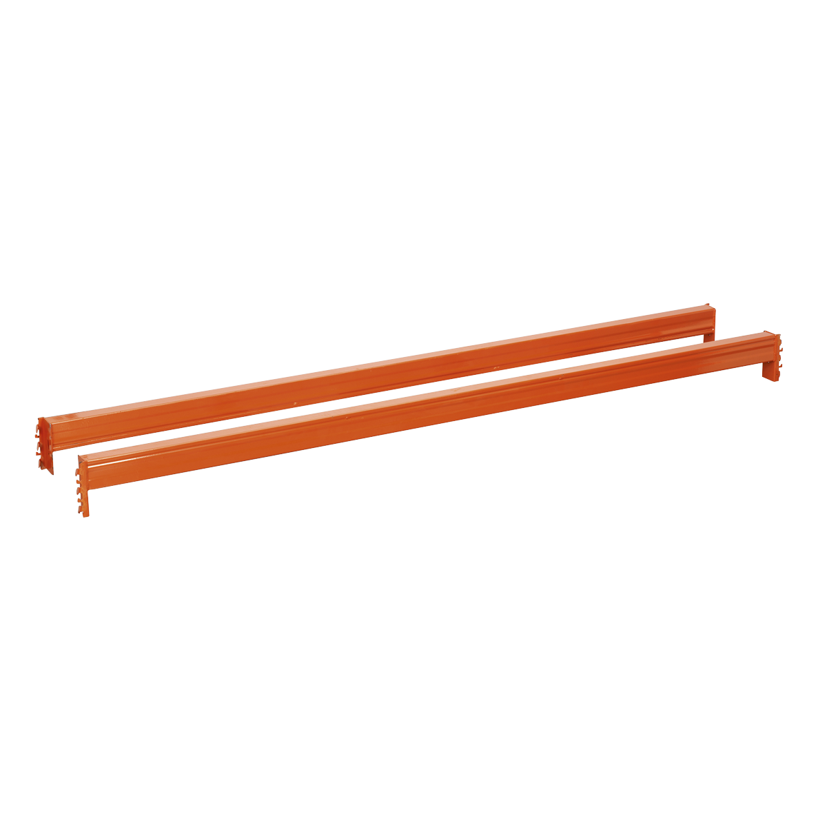 Two Sealey Cross Beam Tubes, model APRT2252, measuring 2250mm in length and capable of supporting up to 1000kg each, are designed for industrial shelving or structural support. These orange metal beams with notched ends are ideal for holding small storage pallets efficiently when placed parallel to each other.