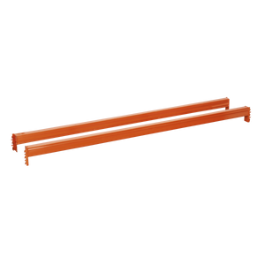 Two Sealey Cross Beam Tubes, model APRT2252, measuring 2250mm in length and capable of supporting up to 1000kg each, are designed for industrial shelving or structural support. These orange metal beams with notched ends are ideal for holding small storage pallets efficiently when placed parallel to each other.