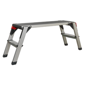 The Sealey Aluminium Folding Platform 2-Tread EN 131-4 - APS2 features black rubber-tipped feet and two wide, non-slip steps on either side.