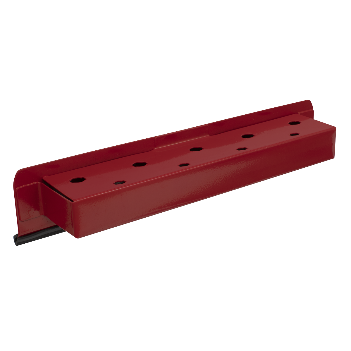 The Sealey Magnetic Screwdriver Holder - APSDH is a red metal bracket featuring multiple holes and a black lined base, designed to securely attach to any ferrous metal surface using powerful vinyl-covered magnets.