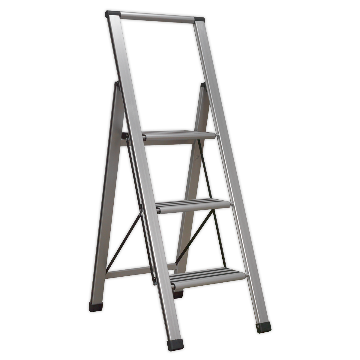 The Sealey Aluminium Professional Folding Step Ladder 3-Step 150kg Capacity - APSL3 features an A-frame configuration with an aluminium frame and anti-slip rubber inserts.