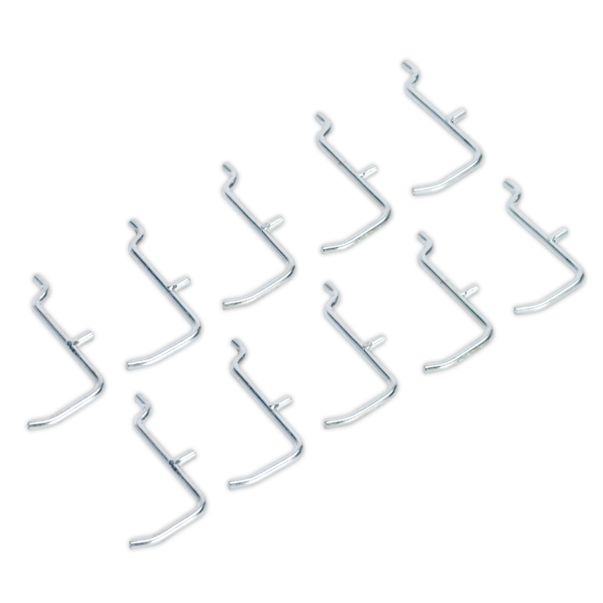 Illustration showing multiple identical metal hooks arranged in two columns on a Sealey Hook Set for APSPB Pegboard - APSPB.H, ideal for hanging tools.