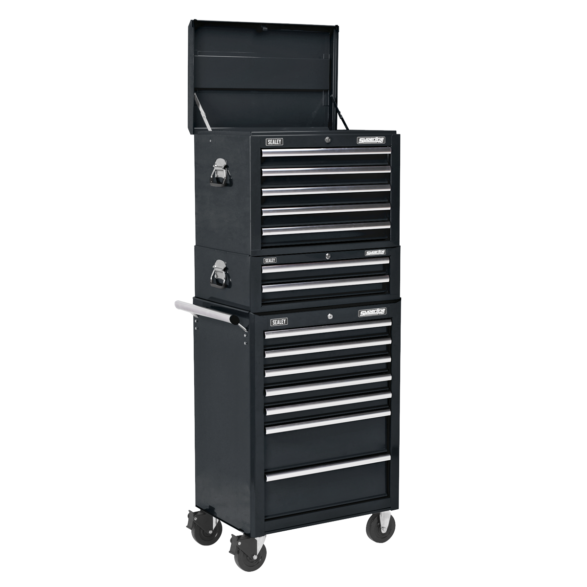 The Sealey Topchest, Mid-Box & Rollcab Combination 14 Drawer with Ball-Bearing Slides in black (model APSTACKTB) features a multi-drawer design on wheels, boasting heavy-duty ball-bearing drawer slides for smooth operation. The drawers come in various sizes and the tool chest is crafted from sturdy steel. It includes side handles for easy maneuvering and an upper compartment that is open, revealing an empty storage space.