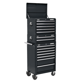 The Sealey Topchest, Mid-Box & Rollcab Combination 14 Drawer with Ball-Bearing Slides in black (model APSTACKTB) features a multi-drawer design on wheels, boasting heavy-duty ball-bearing drawer slides for smooth operation. The drawers come in various sizes and the tool chest is crafted from sturdy steel. It includes side handles for easy maneuvering and an upper compartment that is open, revealing an empty storage space.
