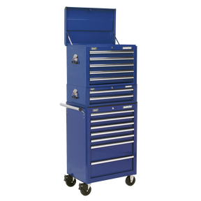 The Sealey Topchest, Mid-Box & Rollcab Combination 14 Drawer with Ball-Bearing Slides (APSTACKTC) in blue features a locking mechanism, an open top compartment lid, and a side handle for easy maneuverability.