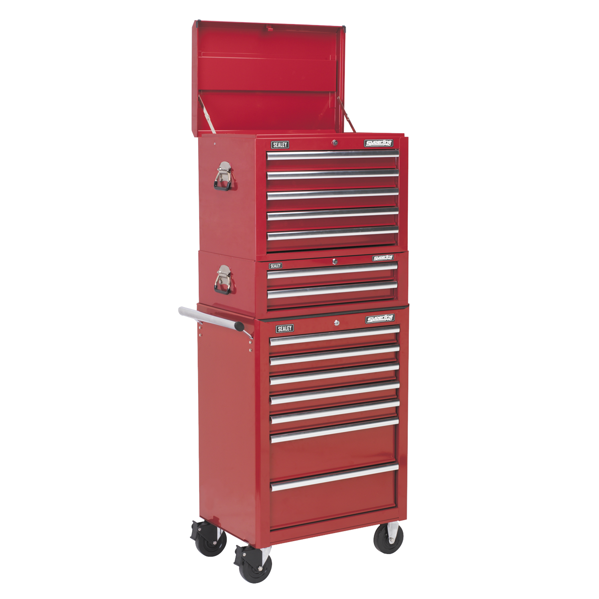 A red, heavy-duty Topchest, Mid-Box & Rollcab Combination 14 Drawer with Ball-Bearing Slides by Sealey, featuring its top compartment open.