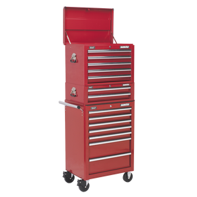 A red, heavy-duty Topchest, Mid-Box & Rollcab Combination 14 Drawer with Ball-Bearing Slides by Sealey, featuring its top compartment open.