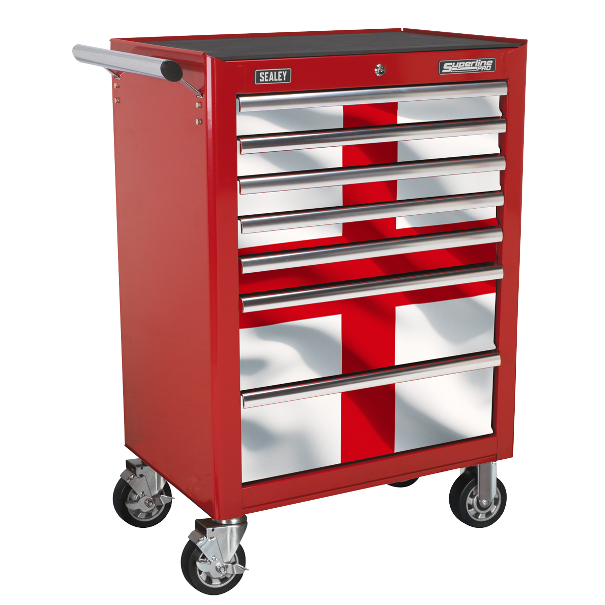 A Sealey tool chest on wheels, equipped with multiple drawers and adorned with the Toolbox Graphics Pack - England (APTBG01), featuring adhesive strips that resemble the design of the flag of England.