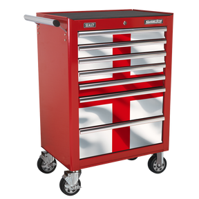 A Sealey tool chest on wheels, equipped with multiple drawers and adorned with the Toolbox Graphics Pack - England (APTBG01), featuring adhesive strips that resemble the design of the flag of England.