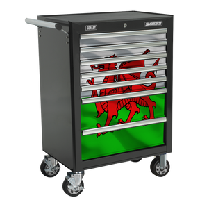 A gray tool chest on wheels with multiple drawers, featuring the Sealey Toolbox Graphics Pack - Wales (APTBG03) decal of the Welsh dragon on the front and crafted from shatter-resistant plastic.