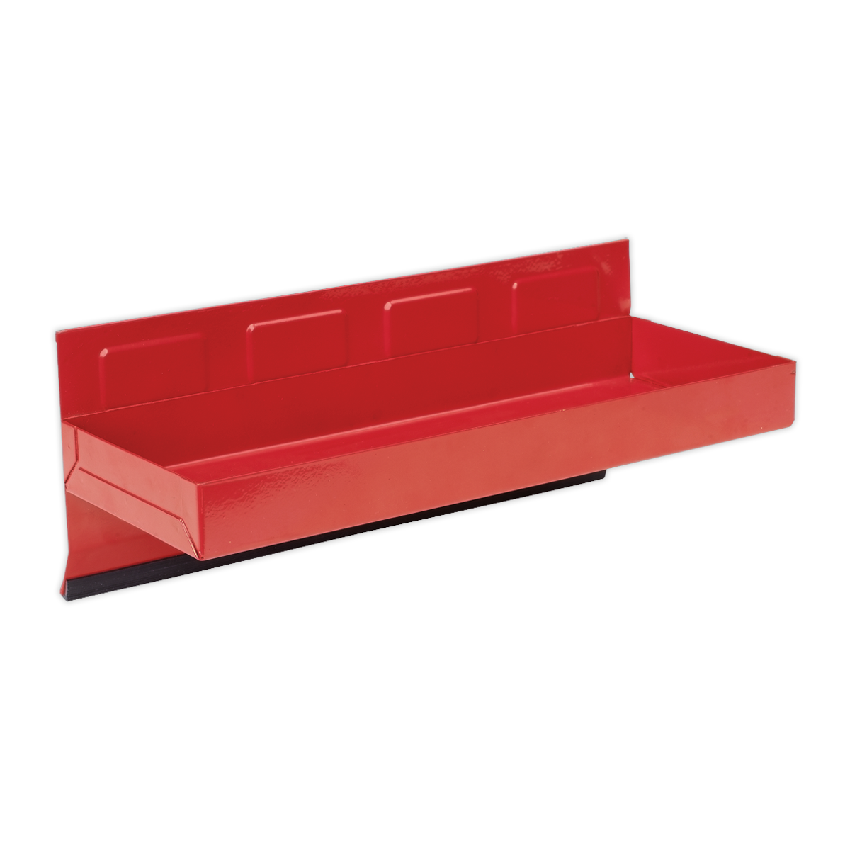 The Sealey Magnetic Tool Storage Tray 310 x 115mm - APTT310 is a red, rectangular metal wall shelf with a raised back edge, crafted from heavy gauge steel and designed for storing small items. Perfect for toolboxes, it features powerful cushioned magnets for secure attachment.