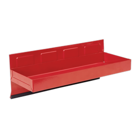 The Sealey Magnetic Tool Storage Tray 310 x 115mm - APTT310 is a red, rectangular metal wall shelf with a raised back edge, crafted from heavy gauge steel and designed for storing small items. Perfect for toolboxes, it features powerful cushioned magnets for secure attachment.