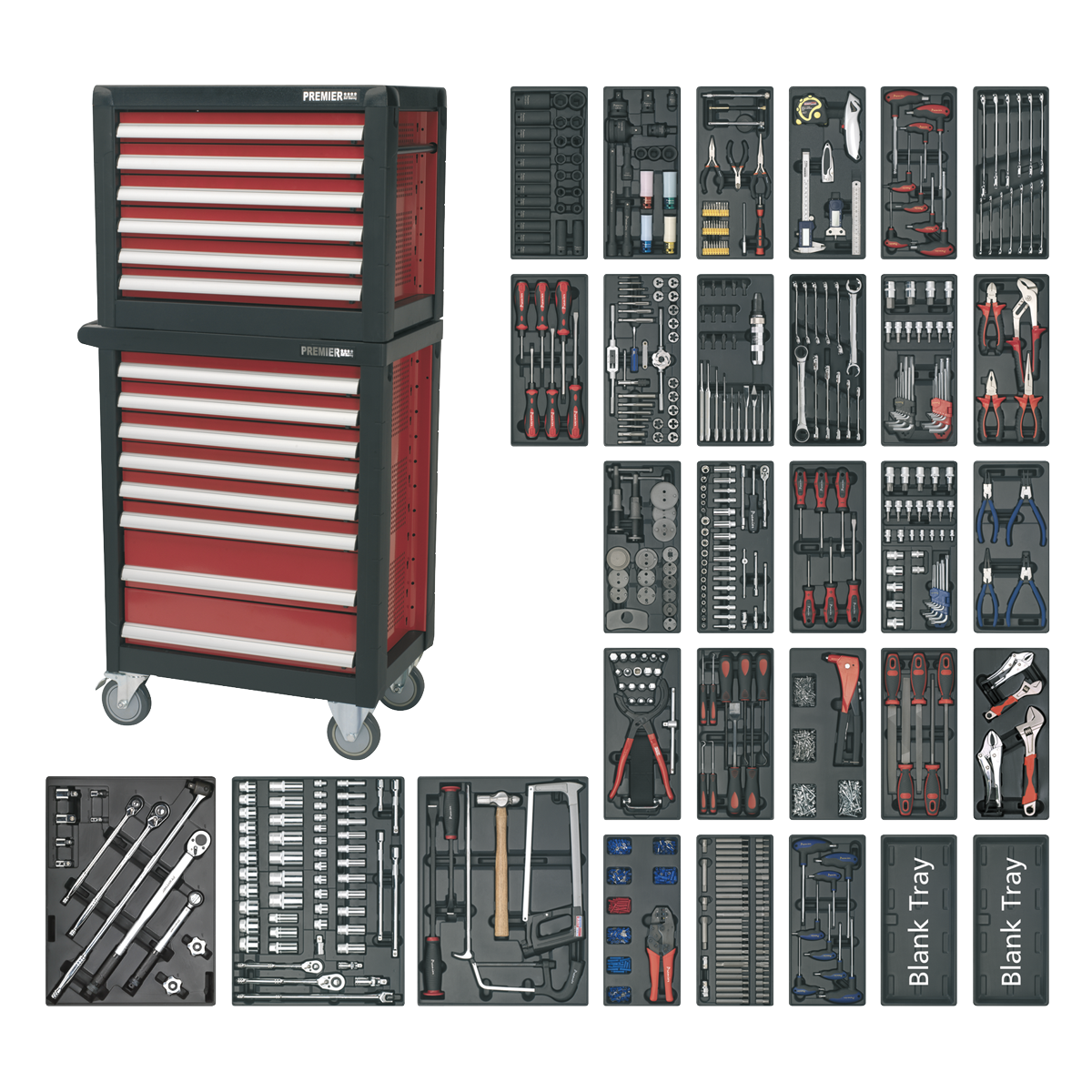 The Sealey Topchest & Rollcab Combination 14 Drawer with Ball-Bearing Slides & 1233pc Tool Kit - APTTC02 is shown in red, featuring a mobile tool chest with multiple drawers. The kit includes organized trays of tools such as wrenches, screwdrivers, pliers, and sockets. This high-quality tool kit boasts heavy gauge steel construction and ball-bearing drawer slides for smooth operation.