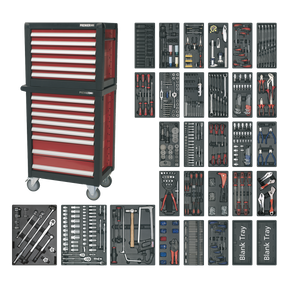 The Sealey Topchest & Rollcab Combination 14 Drawer with Ball-Bearing Slides & 1233pc Tool Kit - APTTC02 is shown in red, featuring a mobile tool chest with multiple drawers. The kit includes organized trays of tools such as wrenches, screwdrivers, pliers, and sockets. This high-quality tool kit boasts heavy gauge steel construction and ball-bearing drawer slides for smooth operation.