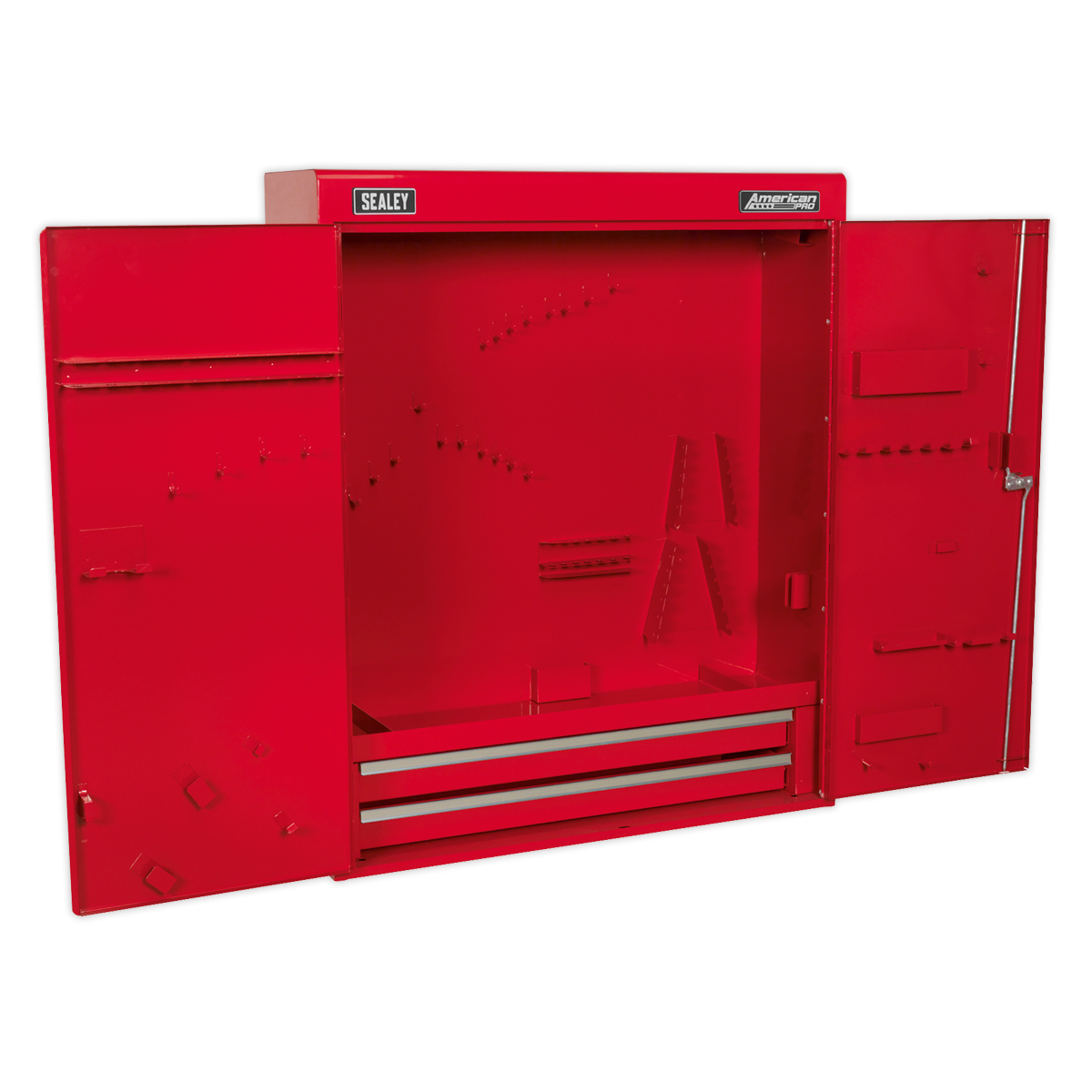 Sealey Wall Mounting Tool Cabinet - APW750 features double, lockable doors crafted from heavy gauge steel. Open to reveal an empty interior with two drawers at the bottom, numerous small holes, and various storage slots.